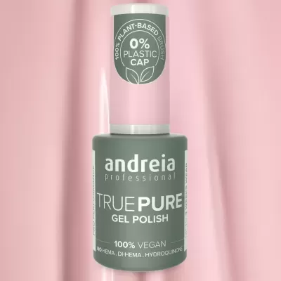 Frasco de verniz gel para unhas verde com tampa rosa e texto branco
