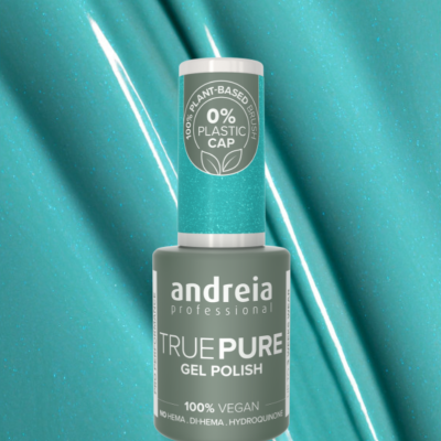 Frasco de verniz gel azul turquesa brilhante com texto branco e tampa azul