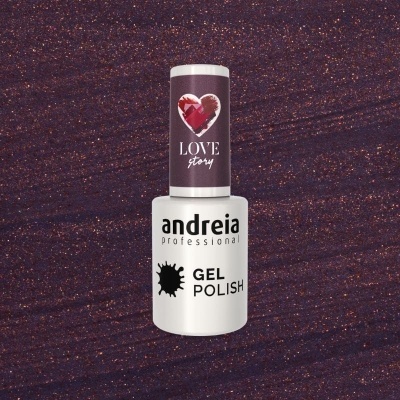 Frasco de verniz gel Andreia Professional com tampa roxa e coração, fundo roxo glitter