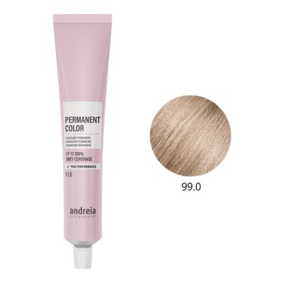 Tubo rosa de coloração permanente Andreia Professional com amostra de cor loira clara 99.0