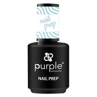 Frasco preto de verniz com etiqueta branco e azul claro com texto nail prep e marca purple PROFESSIONAL.