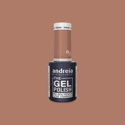 Frasco de esmalte de gel Andreia Professional preto com tampa marrom claro e rótulos brancos