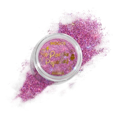 Pote transparente com glitter cor-de-rosa e roxo e rótulo dourado