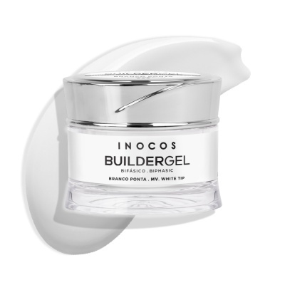 Frasco do gel de construção Inocos Buildergel com tampa prateada e texto preto