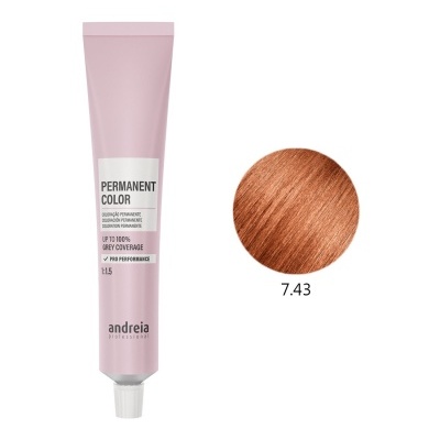 Tubo rosa claro de tinta para cabelo permanente e amostra de cor castanho acobreado 7.43