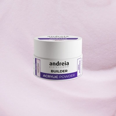 Pote branco de pó acrílico para unhas da marca andreia professional com detalhes em roxo sobre fundo rosa claro.
