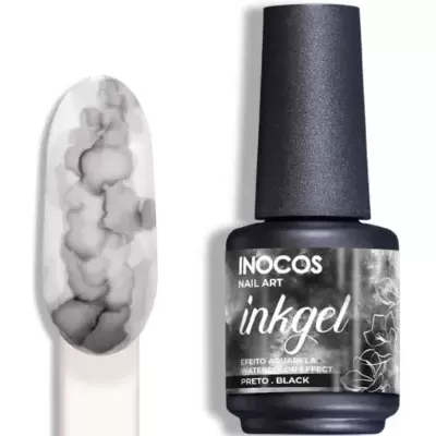 Frasco preto de verniz gel Inocos Inkgel com amostra da cor preta em fundo branco
