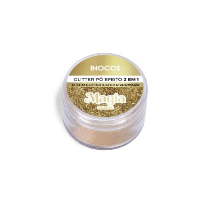 Pó de glitter dourado em recipiente plástico com tampa branca e rótulo dourado da marca INOCOS.