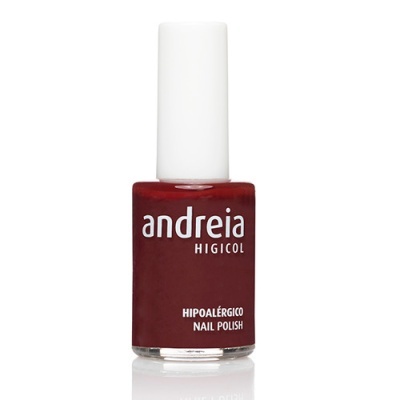 frasco de esmalte de unhas vermelho escuro Andreia Higicol com tampa branca