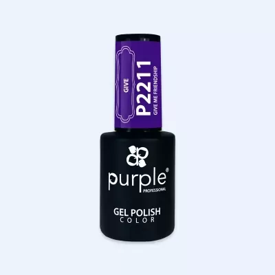 Frasco de verniz gel para unhas preto com tampa roxa e texto branco