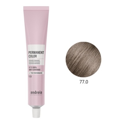 Tubo rosa de coloração permanente para cabelo com amostra de cor castanho claro e número 77.0