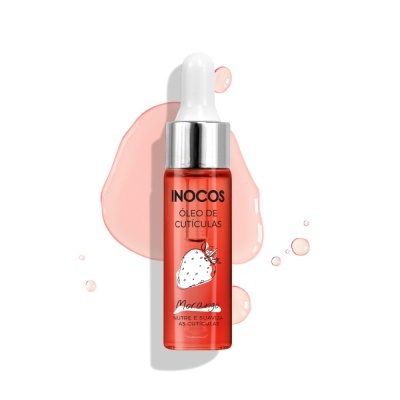Frasco de óleo de cutículas vermelho com conta-gotas e desenho de morango.