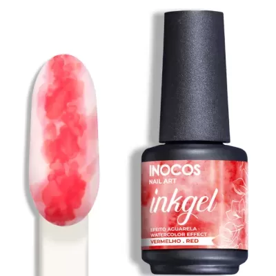 Frasco de verniz gel vermelho Inocos Inkgel com amostra de cor