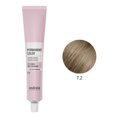 Tubo rosa de tinta permanente para cabelo com amostra de cor castanho claro 7.2