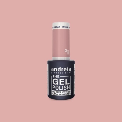 Verniz gel Andreia Professional cor rosa nude com rótulos preto e branco e tampa branca com texto VEGAN