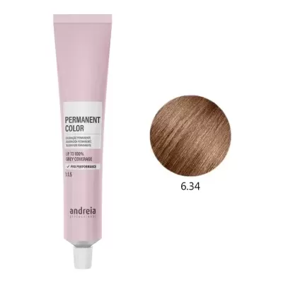 Tubo de tinta de cabelo permanente cor de rosa clara da Andreia Professional com amostra de cor 6.34 castanho claro.