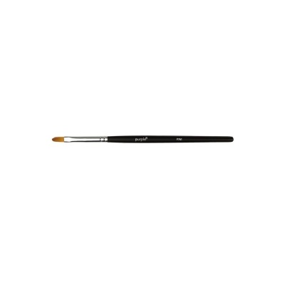 Pincel de pintura preto com cerdas marrons e texto branco no cabo