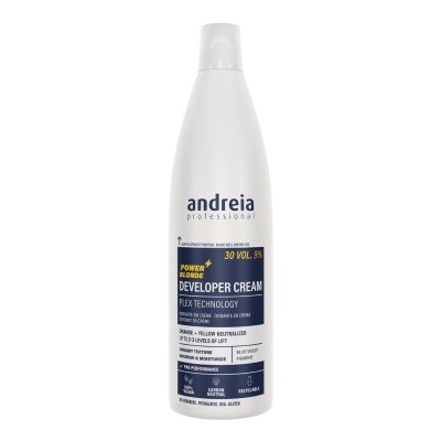 Frasco branco de plástico com texto azul e amarelo de creme capilar Andreia Professional