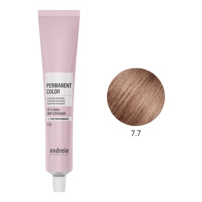 Tubo rosa de tintura de cabelo permanente com amostra de cor castanho claro 7.7