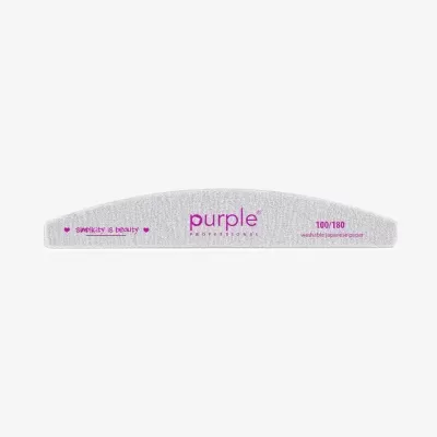 Lima de unhas em forma de meia-lua com texto roxo