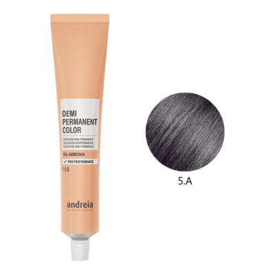 Tubo cor pêssego de coloração demi-permanente Andreia com amostra de cabelo cinza escuro 5.A