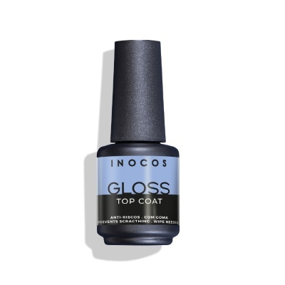 Frasco de verniz INOCOS GLOSS TOP COAT com tampa preta e rótulo azul e preto