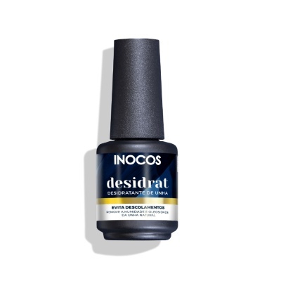 Frasco de desidratante de unha INOCOS desidrat com rótulo azul e branco.