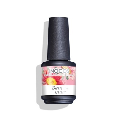 Frasco de verniz de unhas preto fosco com tampa preta e etiqueta floral cor de rosa e branca