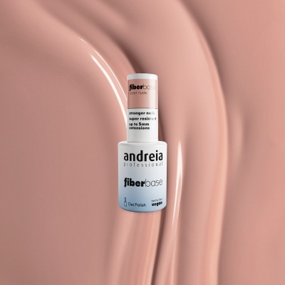Frasco branco e rosa de verniz gel fiberbase cover nude da andreia professional sobre fundo rosa nude brilhante