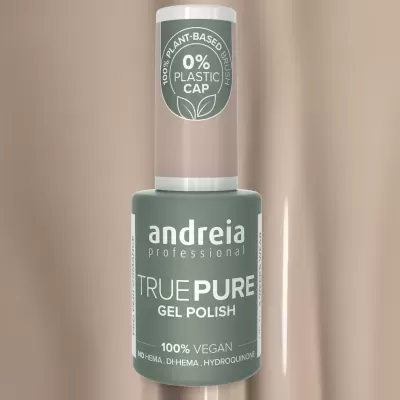 Frasco verde cinzento de verniz gel Andreia Professional com tampa bege e rótulo verde