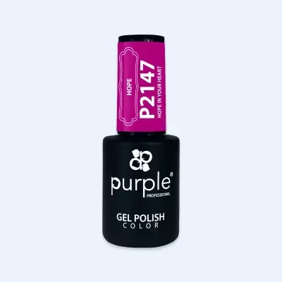 Frasco de verniz de gel preto com tampa roxa e texto P2147 HOPE