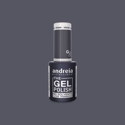 Frasco de verniz gel preto Andreia Professional com texto THE GEL POLISH NO SOLVENTS ULTRA PIGMENTED