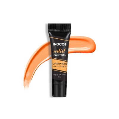 Gel de pintura para unhas INOCOS Laranja Neon em tubo preto com tracejado cor laranja