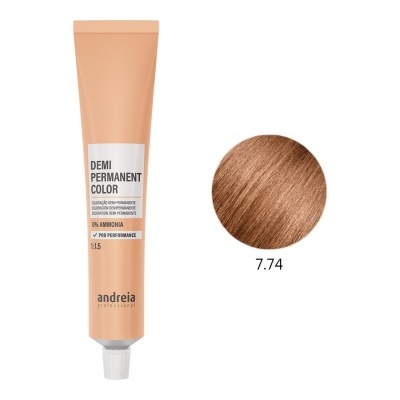 Tubo de coloração semi-permanente Andreia Professional e amostra de cor castanho claro 7.74