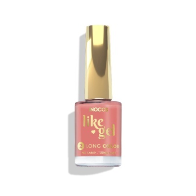 Frasco rosa de verniz para unhas com tampa dourada e texto dourado.