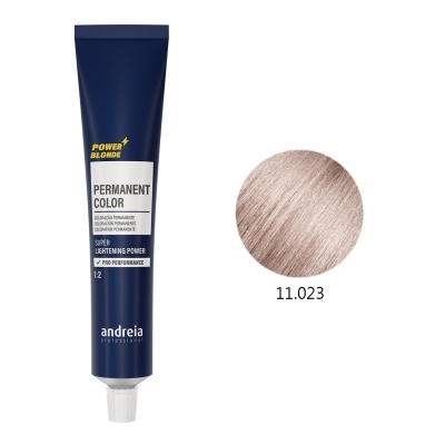 Tubo azul escuro de tinta de cabelo permanente Andreia Professional e amostra da cor 11.023.