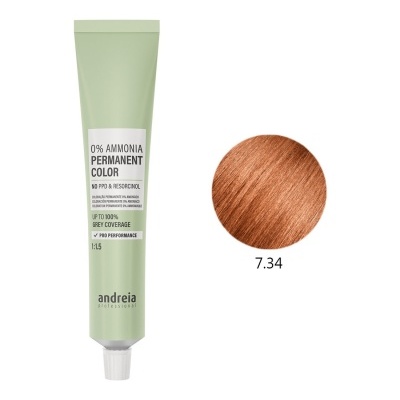 Tubo verde claro de tinta de cabelo permanente com cor castanha clara ruiva 7.34