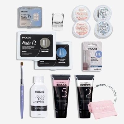 Kit manicure INOCOS com moldes de unhas, polyacrygel, pincel, broca cônica, copo de vidro, potes de flocos holográficos e toalha rosa