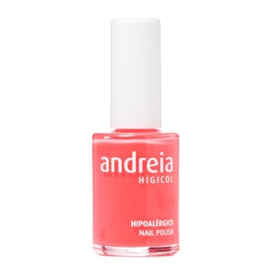 Frasco de verniz das unhas cor de coral com tampa branca e texto de marca e descrição