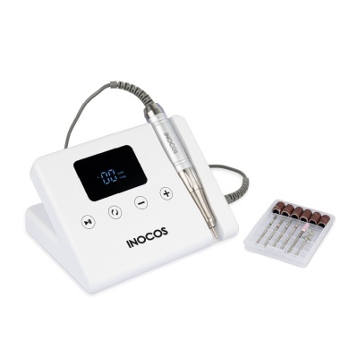 Aparelho elétrico branco para manicure INOCOS com tela digital azul e acessórios