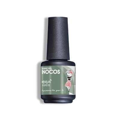 Frasco de verniz gel INOCOS com rótulo verde e ilustração feminina.