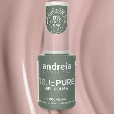 Frasco de verniz gel Andreia TRUE PURE verde fosco com tampa rosa clara e texto sobre veganismo e composição