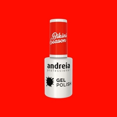 Frasco de verniz gel para unhas Andreia profissional com tampa vermelha e texto bikini season