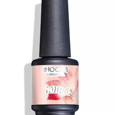 Frasco de verniz gel INOCOS tulipa com tampa preta e rótulo rosa