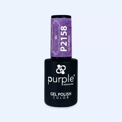 Esmalte de gel para unhas Purple Professional com tampa roxa glitterada e frasco preto