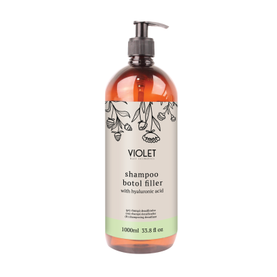 Frasco de shampoo VIOLET com rótulo bege com desenhos florais e tampa preta