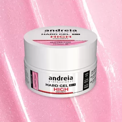 Pote branco de gel para unhas Andreia professional Hard Gel Glitter Pink sobre fundo rosa