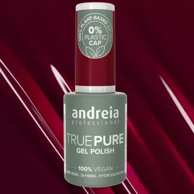 Frasco de verniz gel TRUEPURE da andreia professional com selo vegano e embalagem cinza com tampa vermelha.