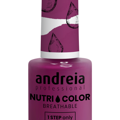Frasco de verniz para unhas roxo da marca Andreia profissional com tampa branca e texto 'VEGAN'