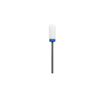 Rebolo cilíndrico branco com base azul e eixo metálico.